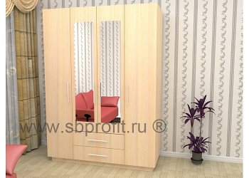 Шкаф четырехдверный зеркальный распашной с ящиками