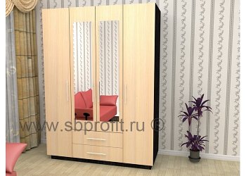 Шкаф четырехдверный зеркальный распашной с ящиками